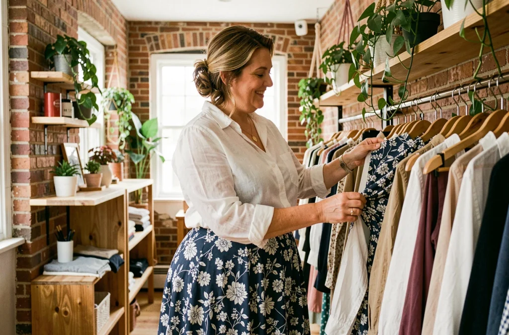 Femme ronde à morphologie en poire essayant des vêtements dans une boutique lumineuse, exprimant joie et acceptation de son corps