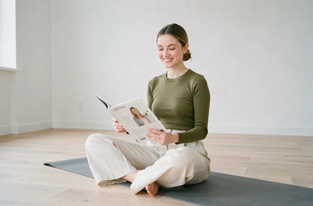 Jeune femme mince à morphologie rectangulaire habillée en tenue casual assise sur un tapis de yoga dans un studio minimaliste