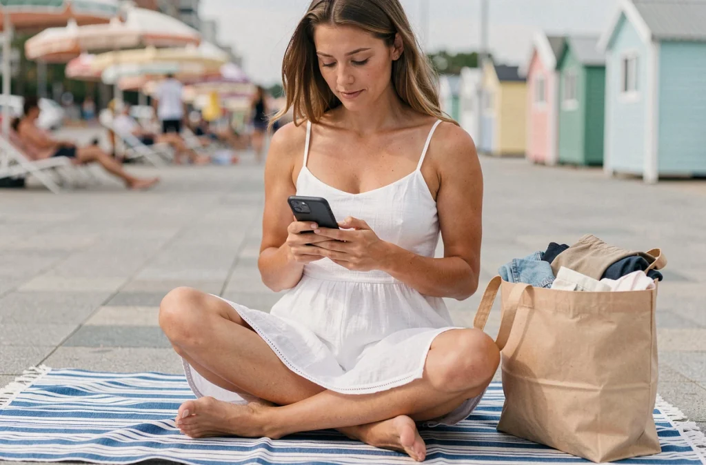 Femme détendue en robe de plage courte blanche assise sur une serviette consultant son téléphone au bord de mer