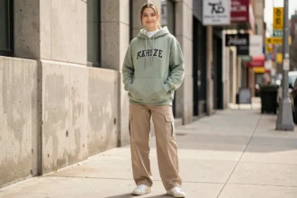 Jeune femme portant un hoodie streetwear oversize en vert sauge associé à un cargo beige et des sneakers blanches dans un environnement urbain
