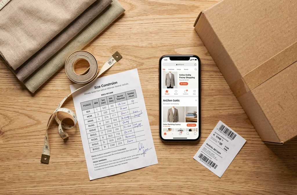 Plat posé d'accessoires pour bien choisir sa taille en ligne avec guide des tailles imprimé et colis de retour Shein
