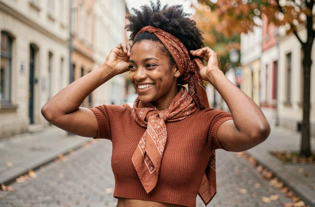Jeune femme aux cheveux afro courts nouant un foulard en coton imprimé terracotta dans une rue pavée urbaine en automne