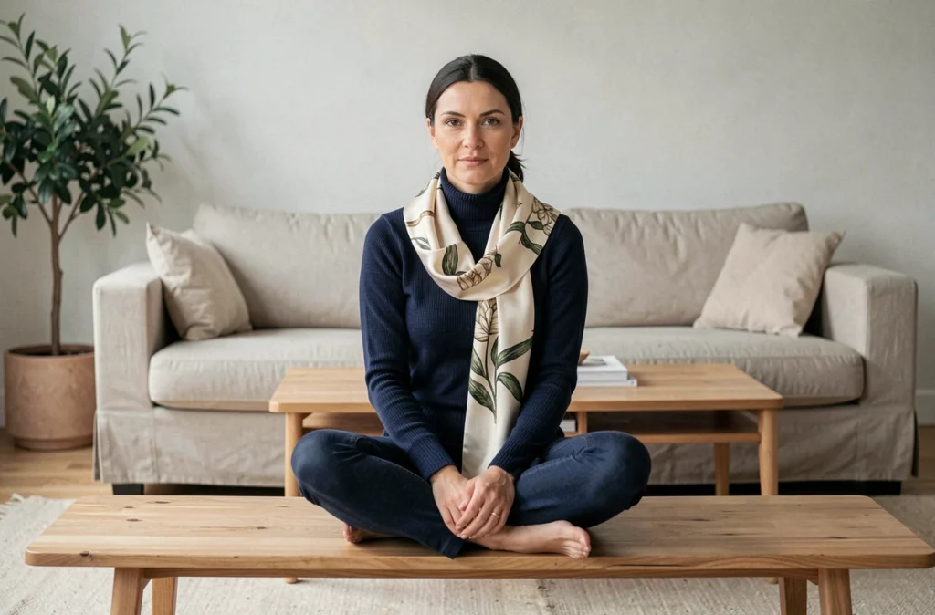 Femme aux cheveux longs et fins drapant un foulard satiné imprimé sur un chignon dans un salon minimaliste scandinave