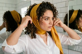 Femme aux cheveux bouclés épais nouant un foulard en soie jaune moutarde autour de sa tête dans une salle de bain lumineuse