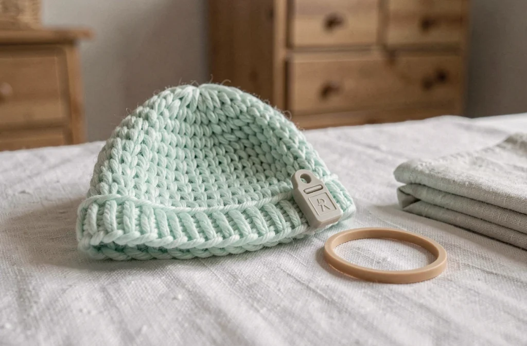 Gros plan d'un bonnet bébé en tricot avec un antivol plastique rigide sur du linge blanc
