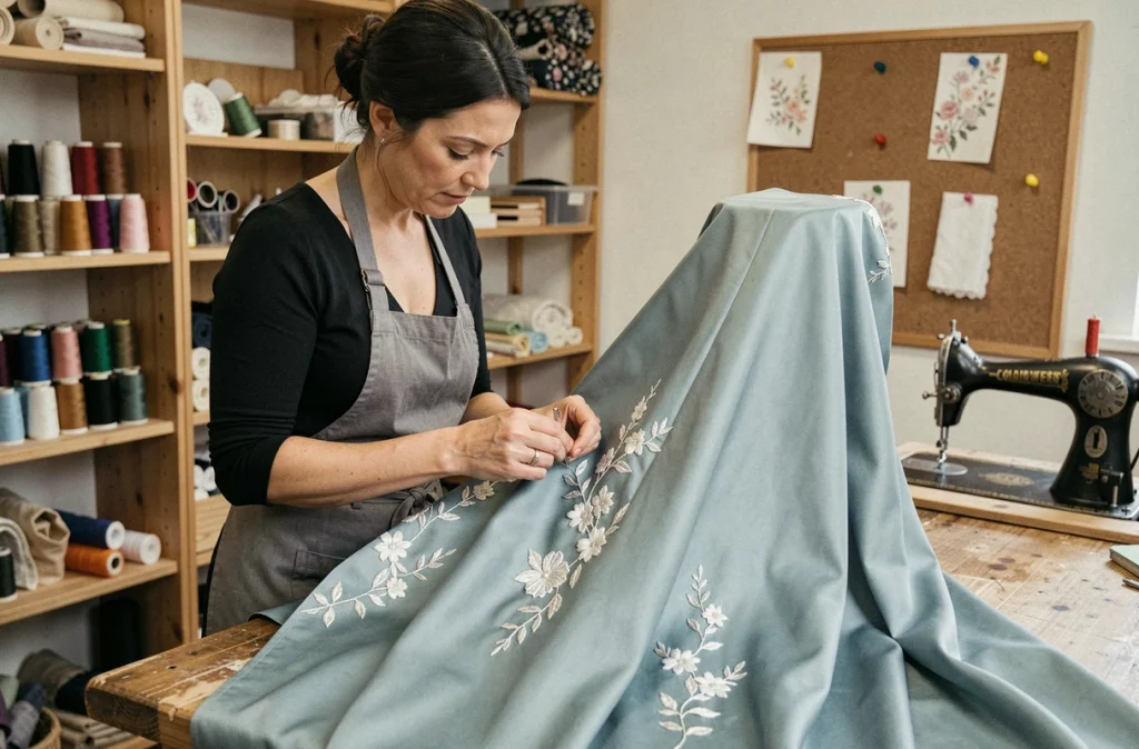 Artisane cousant des appliqués floraux sur une robe de soirée dans l'atelier Histoire de Couture