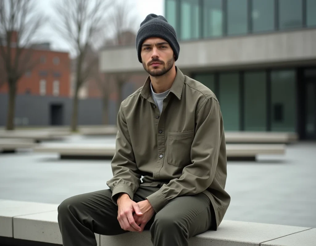 Homme en bonnet gris anthracite et tenue minimaliste assis dans un espace urbain moderne