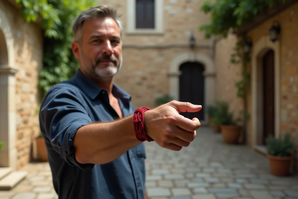 Homme montrant son bracelet fil rouge 7 nœuds dans une cour en pierre, style méditerranéen, portrait en extérieur
