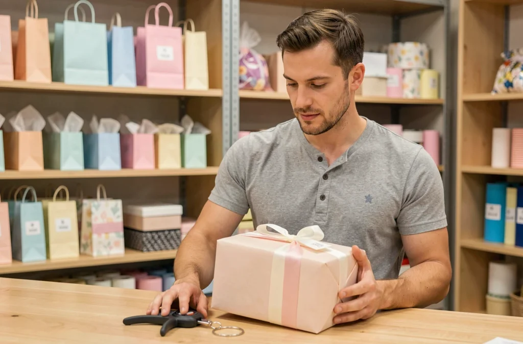Homme tenant un cadeau emballé avec un outil de désactivation d'antivol sur un comptoir en bois