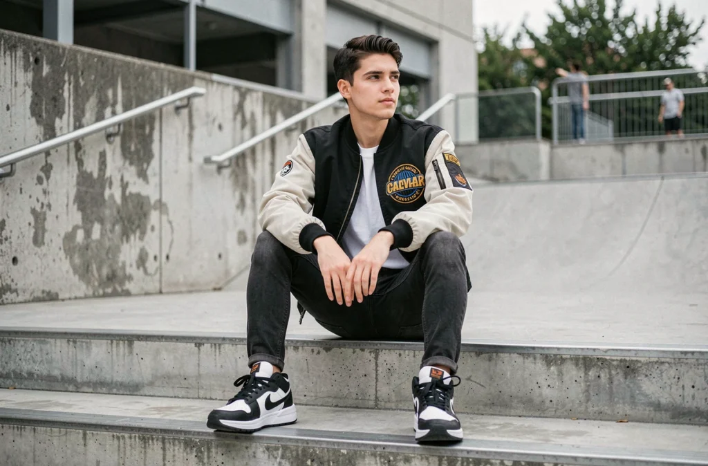 Jeune homme en veste bomber streetwear graphique assis sur des marches en béton dans un skatepark urbain avec sneakers rétro et jean slim