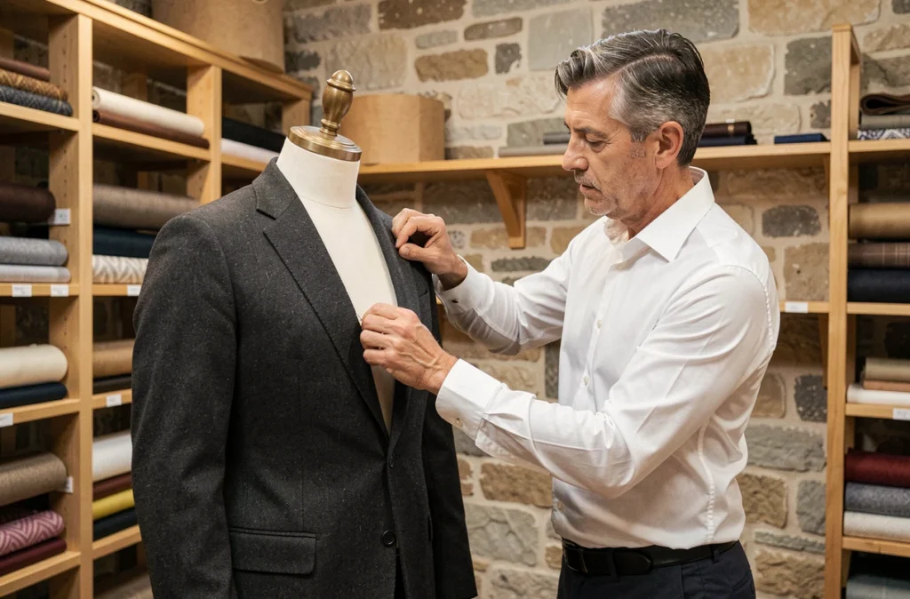 Tailleur Julien de Caurel épinglant un costume sur mesure en laine sur un mannequin dans son atelier de Rennes