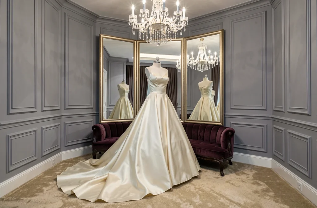 Robe de gala en satin ivoire avec traîne dans le showroom luxueux de La Haute Couture
