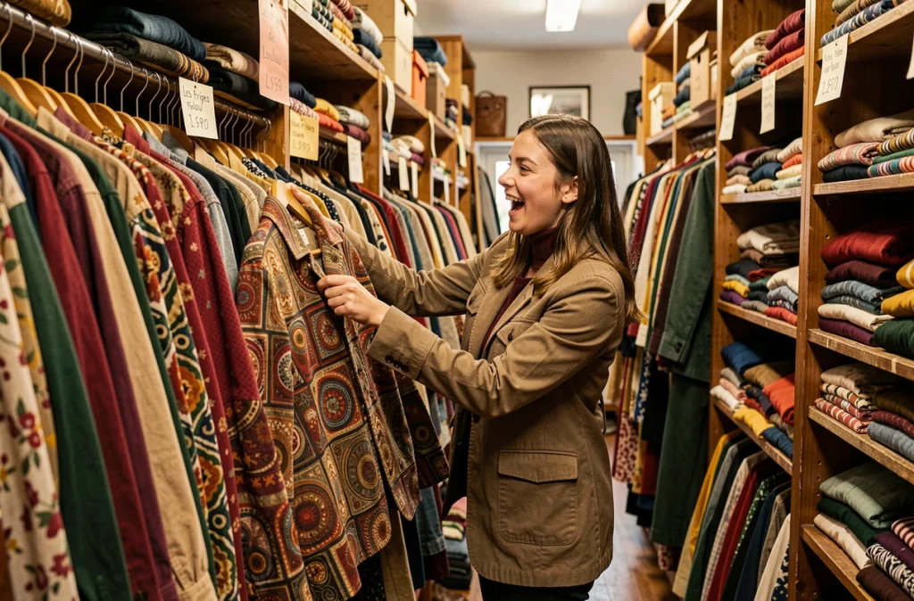 Boutique Les Fripes de Loulou à Caen, jeune femme découvrant une veste rétro parmi des portants denses de vêtements vintage colorés