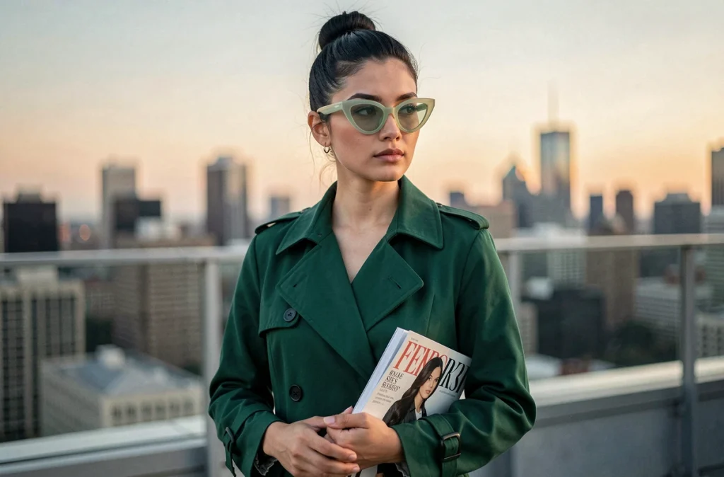 Jeune femme aux cheveux noirs et lunettes cat-eye vert sauge sur une terrasse urbaine avec vue sur la ville