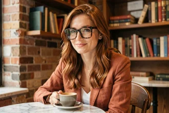 Femme aux cheveux auburn portant des lunettes tendance écaille de tortue oversized dans un café parisien