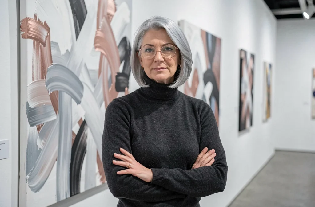 Femme aux cheveux gris argentés et lunettes sans monture dorées dans une galerie d'art contemporain