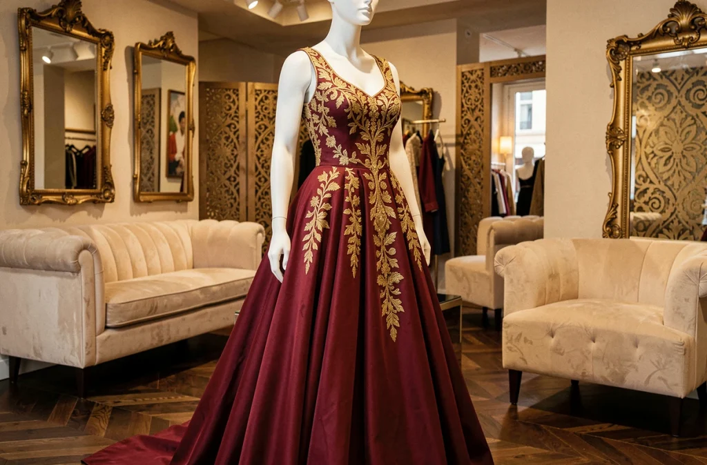 Robe de soirée orientale en haute couture avec broderies dorées exposée chez Majestia à Clichy