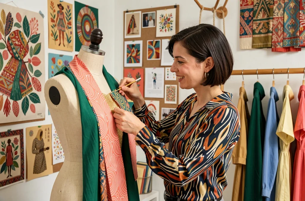Créatrice de Maman Poulpe épinglant des pièces colorées sur un mannequin dans son atelier de création sur mesure à Rennes