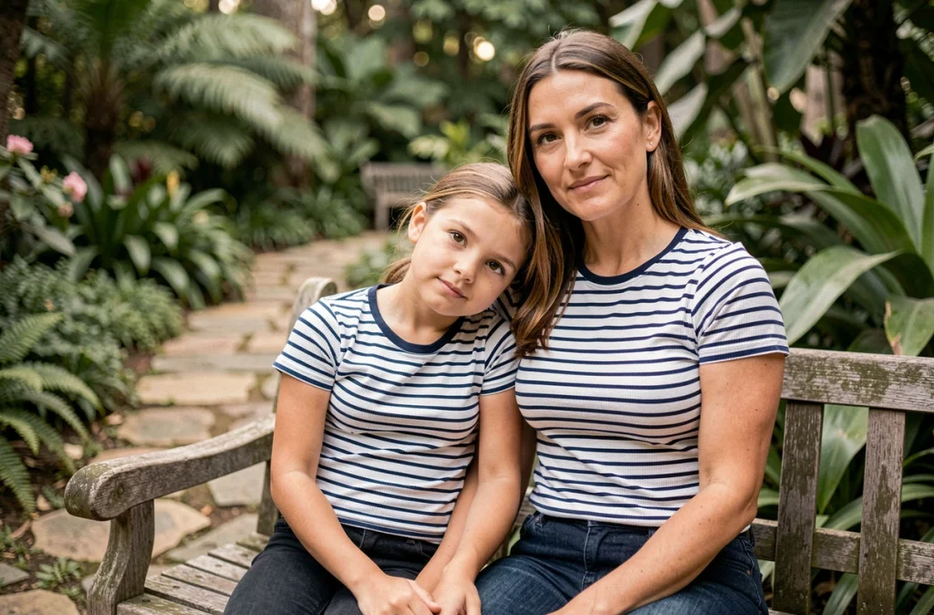 Mère et fille en marinière rayée assises sur un banc dans un jardin botanique, look coordonné intemporel