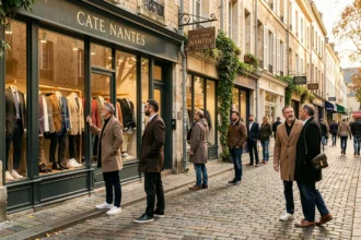 Rue commerçante de Nantes avec des boutiques de mode homme et des vitrines élégantes reflétant l'atmosphère urbaine de la Loire-Atlantique