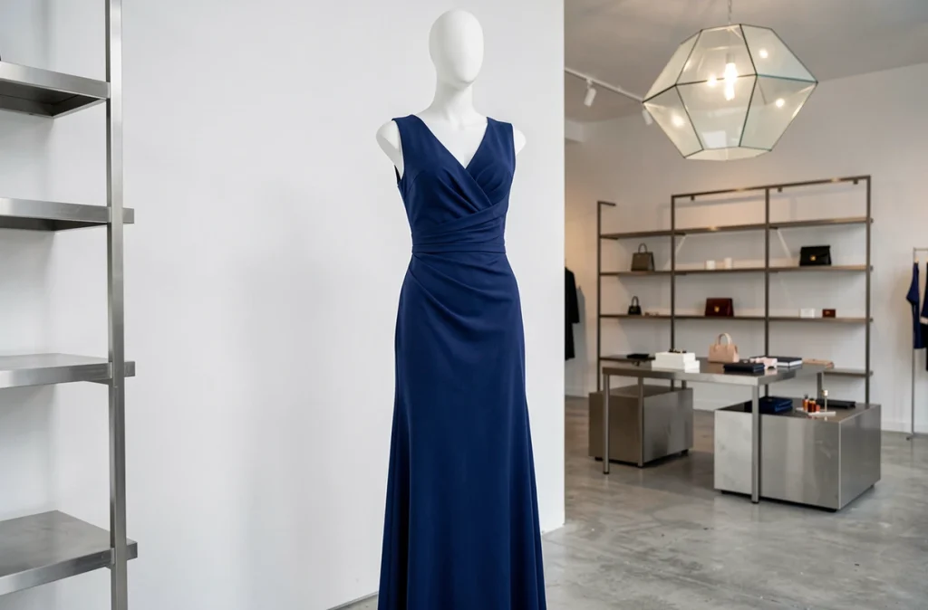 Robe de soirée contemporaine en crêpe bleu nuit sur mannequin dans la boutique Mykala
