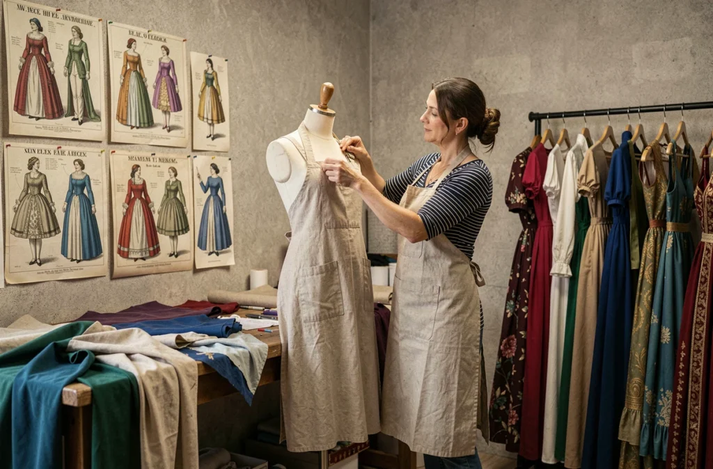 Nicky Wallace, costumière et tailleuse sur mesure, arrangeant un costume de scène dans son atelier créatif