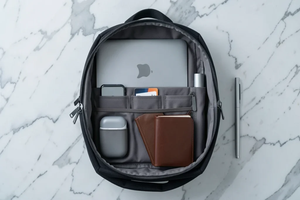 Vue à plat d'un sac à dos pour ordinateur femme ouvert montrant l'organisation intérieure avec compartiments laptop et accessoires professionnels