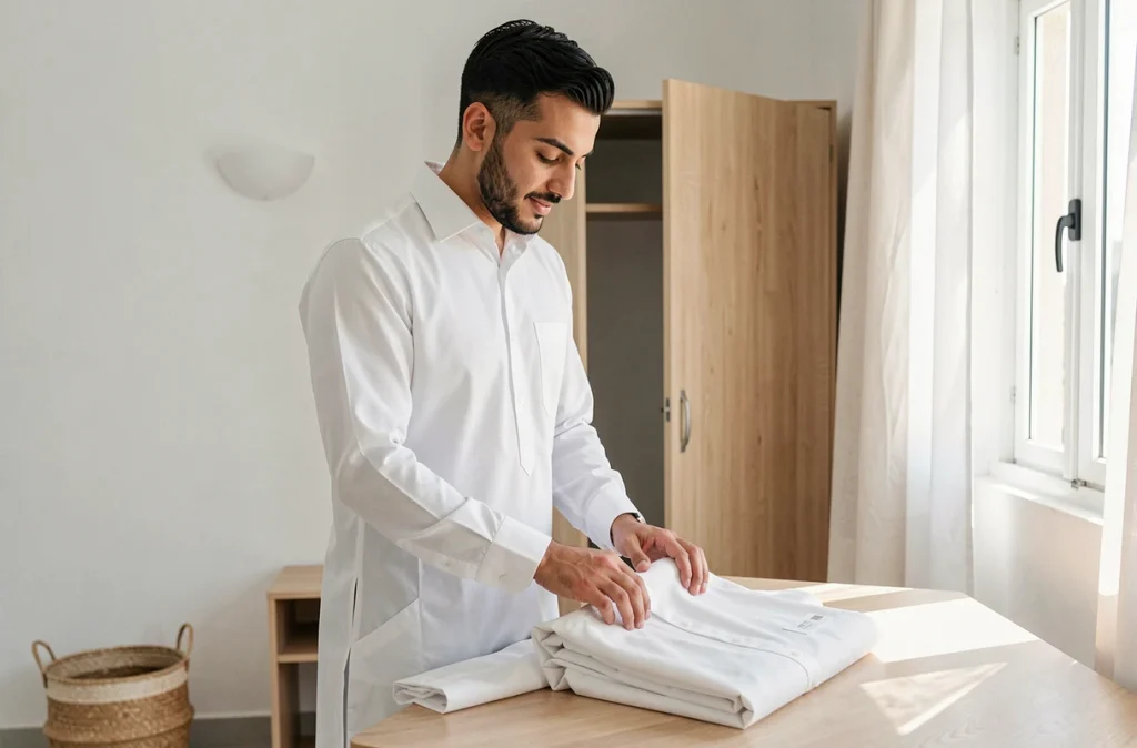 Jeune homme arab pliant délicatement un kandura blanc propre sur une table en bois