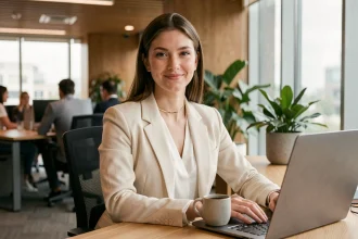 Femme portant un ras de cou doré avec un blazer crème au bureau, look professionnel et élégant