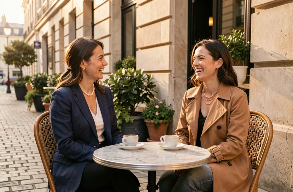 Deux femmes portant des colliers ras de cou en terrasse de café parisien, look polyvalent bureau et soirée