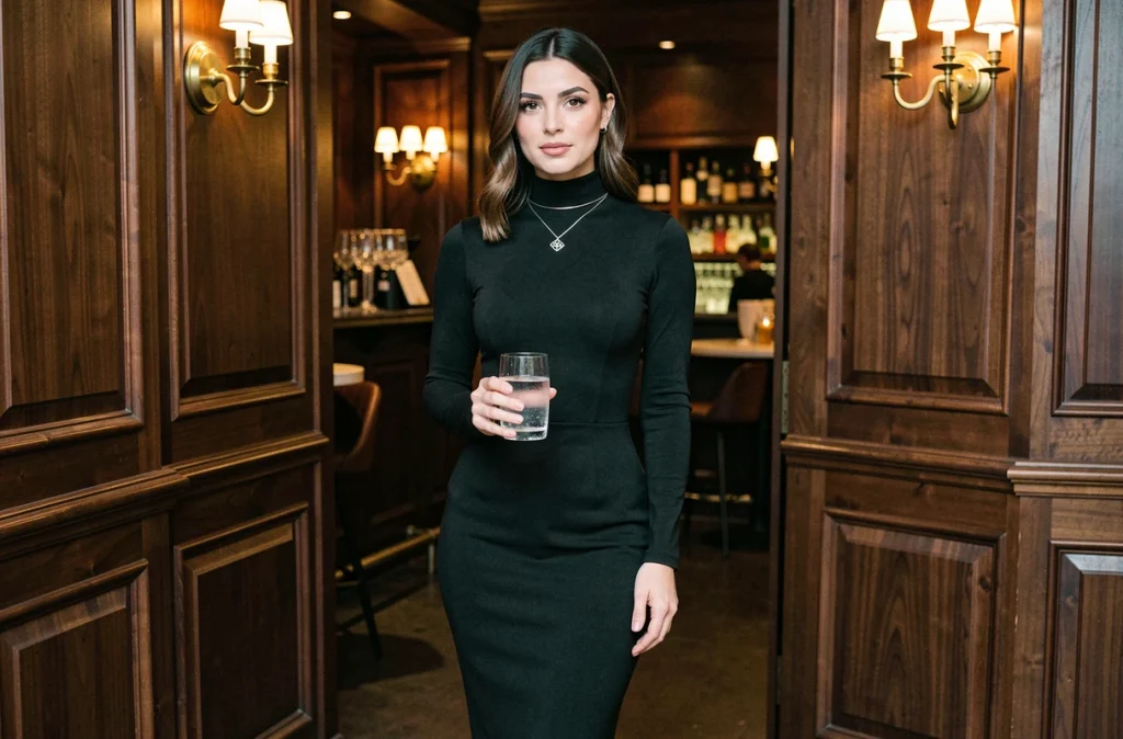 Femme en robe noire avec collier ras de cou argenté dans un bar chic, tenue de soirée élégante