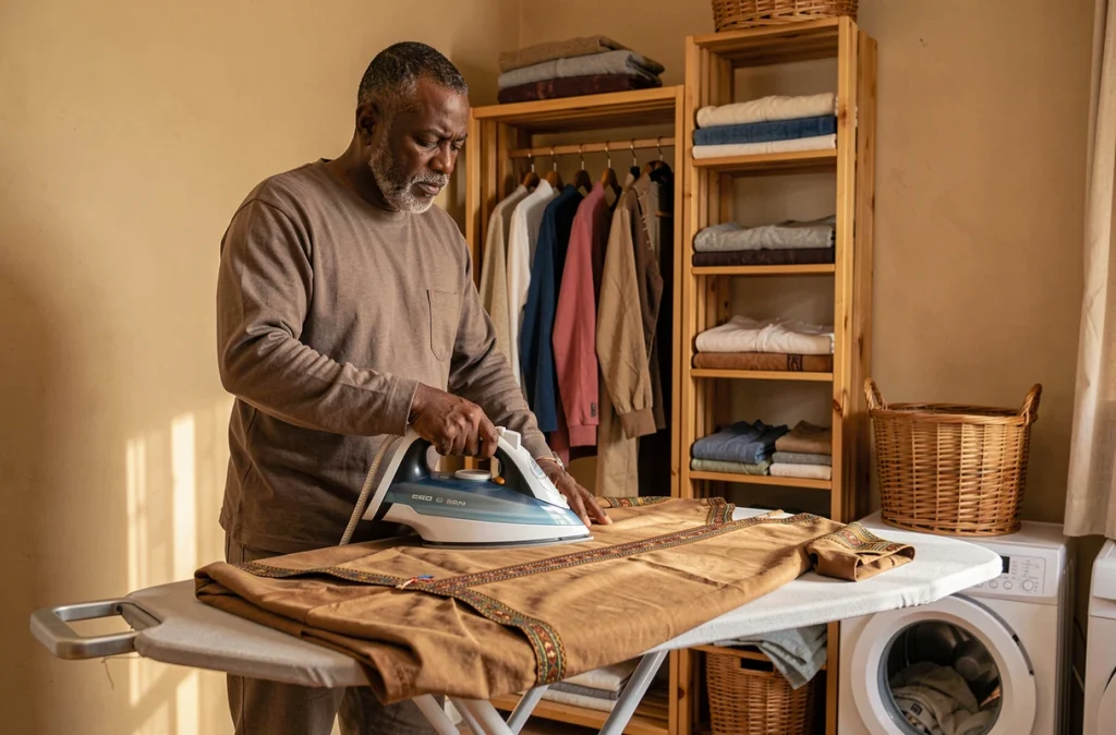 Homme repassant une djellaba traditionnelle avec soin sur une planche à repasser à domicile