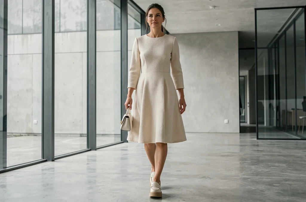 Femme en robe jacquard crème avec des loafers plateforme dans un espace architectural moderne, tendances chaussures robes 2026