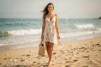 Jeune femme souriante en robe de plage courte fleurie tenant un sac en paille sur une plage de sable fin