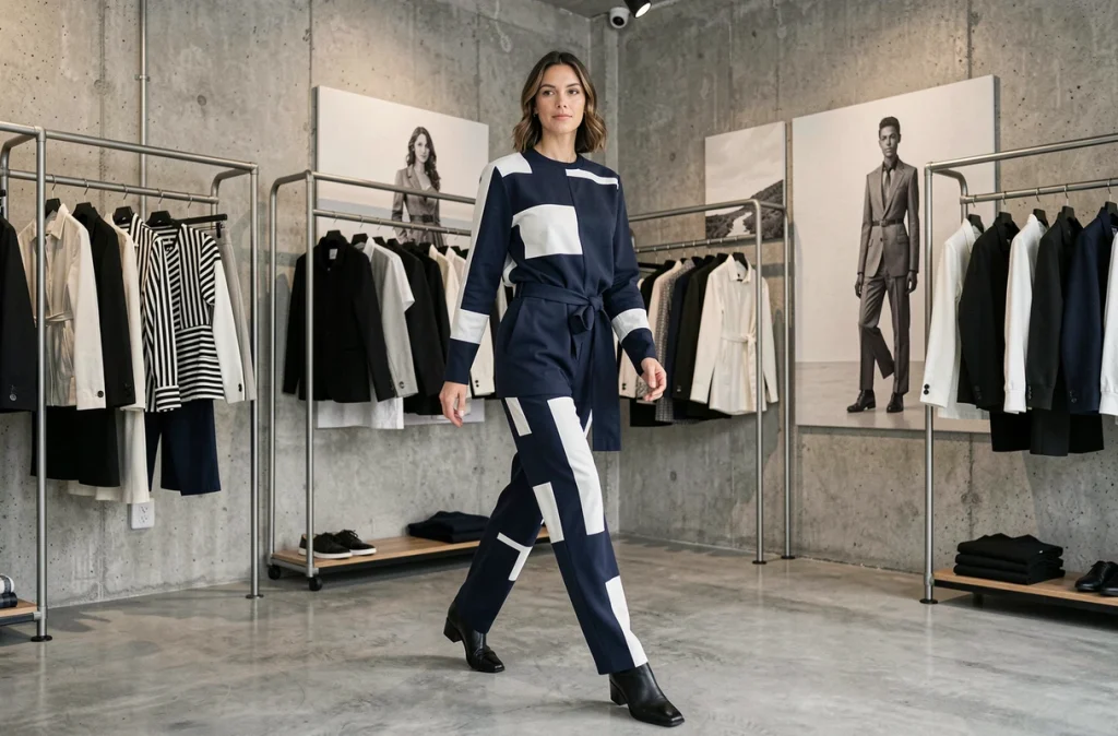 Boutique Roman Prat à Caen, femme élégante en tenue architecturale dans un espace mode contemporain à l'esthétique industrielle