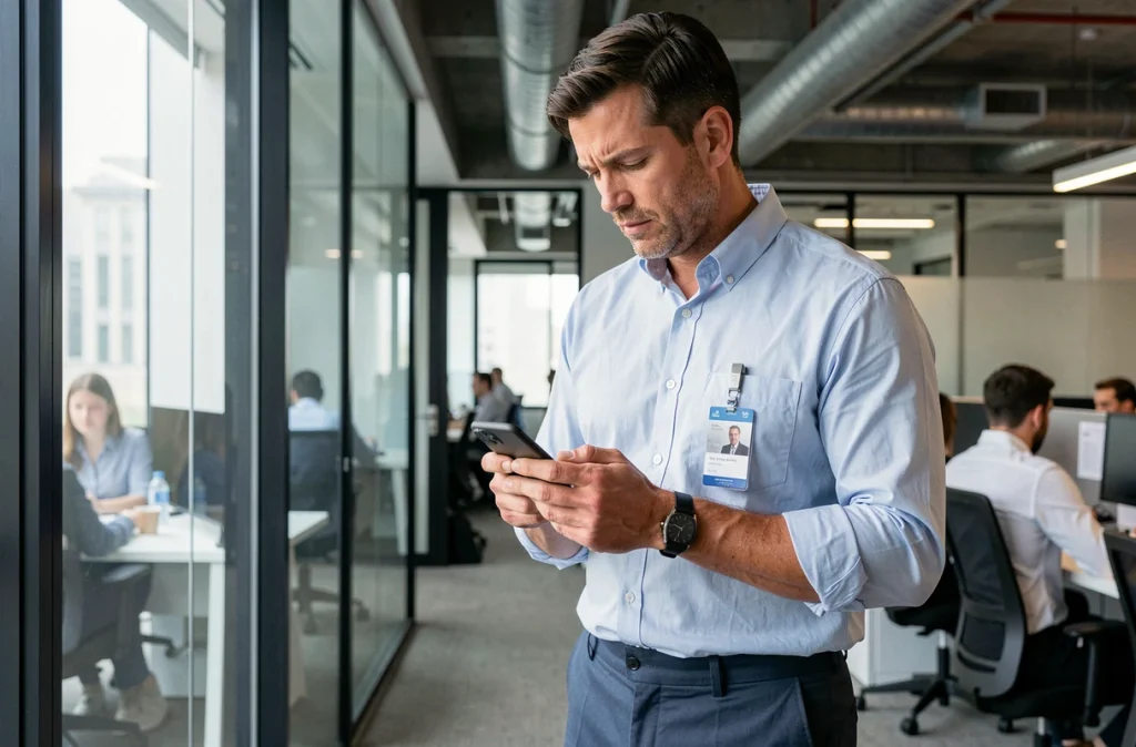 Homme salarié consultant discrètement son téléphone personnel dans les locaux de son entreprise, illustrant la gestion de deux activités professionnelles