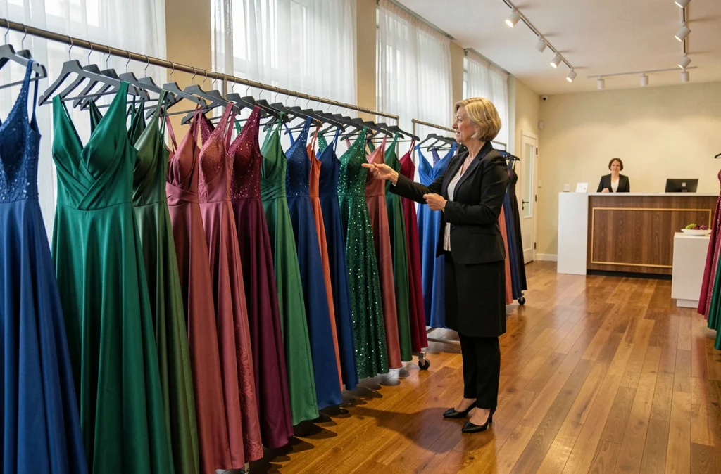 Conseillère présentant des robes de soirée colorées à une cliente dans la boutique Samson