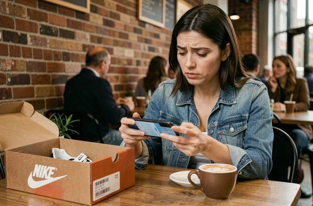 Femme scannant un code UPC Nike avec son smartphone dans un café pour vérifier l'authenticité d'une paire