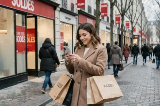 Femme faisant du shopping pendant les soldes d'hiver 2026 en France, tenant des sacs de courses et consultant une application e-commerce sur son téléphone dans une rue commerçante animée