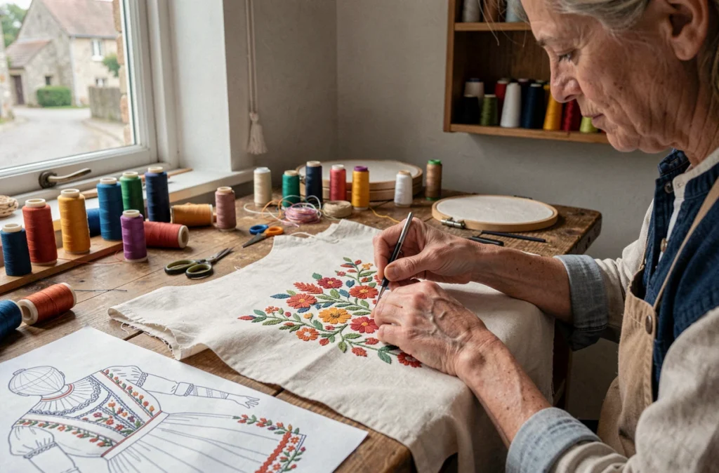 Artisan en train de broder un costume breton traditionnel sur mesure dans l'atelier Sous Toutes Les Coutures à Mûr-de-Bretagne