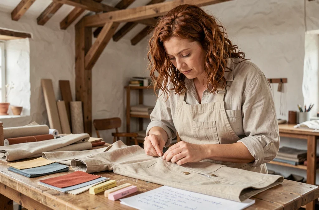 Artisane de Tadyber finissant à la main une veste de confection artisanale dans son atelier de Brest