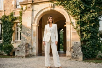 Femme portant un tailleur blanc Mango à coupe large devant un château français pour un mariage en 2026