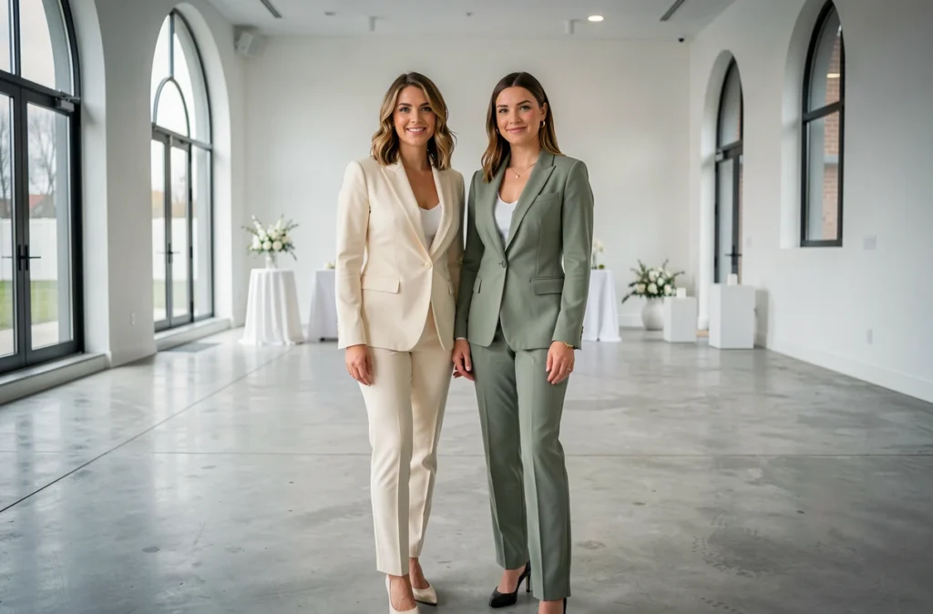 Deux femmes portant des tailleurs Mango ivoire et vert sauge dans un lieu de mariage contemporain en 2026
