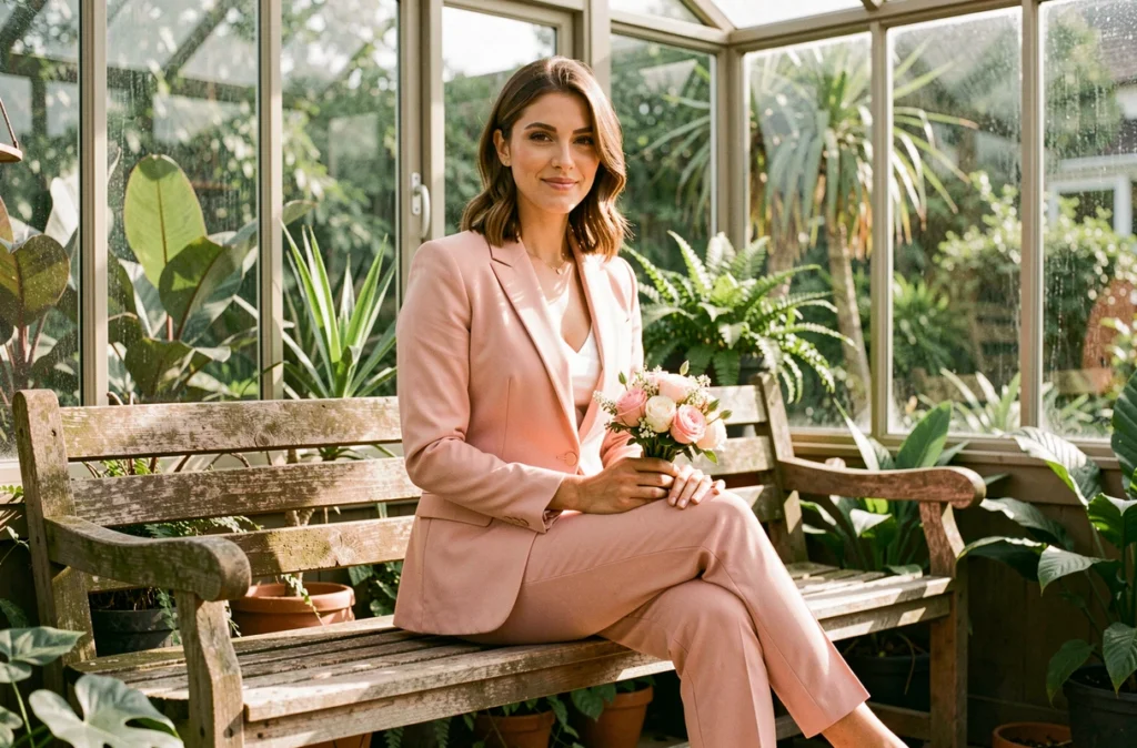 Femme assise en tailleur rose pâle Mango tenant un bouquet de fleurs dans une serre de jardin pour un mariage