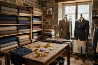 Atelier de tailleur sur mesure en Bretagne avec tissu, formes de couture et outils traditionnels