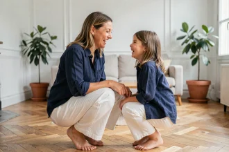 Mère et fille en tenue coordonnée bleu marine et blanc dans un appartement parisien, souriant complices