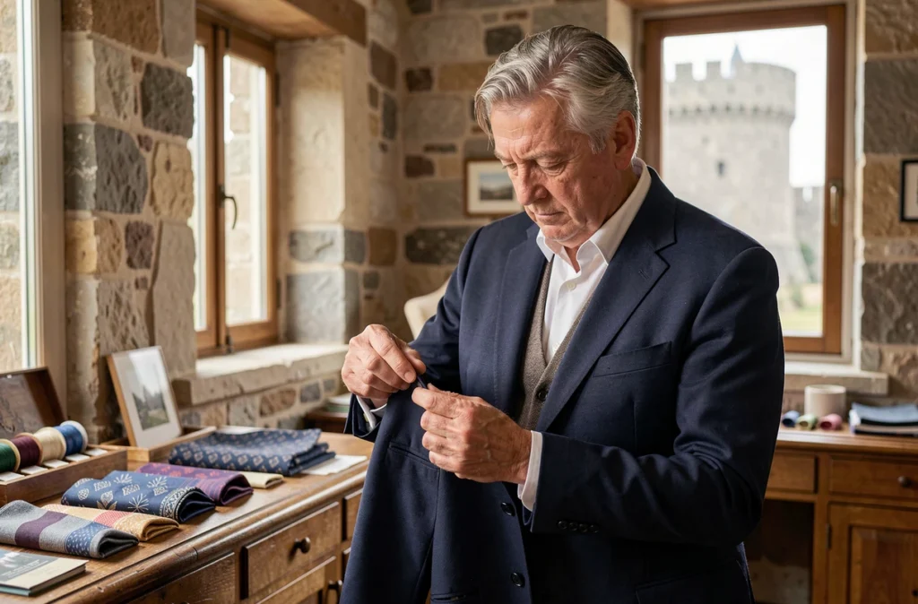 Tailleur de la maison Tradition inspectant une veste sur mesure dans sa boutique de Saint-Malo
