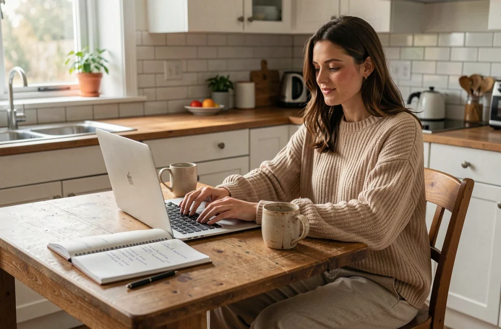 Jeune femme travaillant sur son activité de vente en ligne tôt le matin à la cuisine avant sa journée de salariée, avec carnet de notes et ordinateur portable