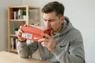 Homme examinant attentivement le code UPC sur une boîte de chaussures Nike pour détecter une contrefaçon