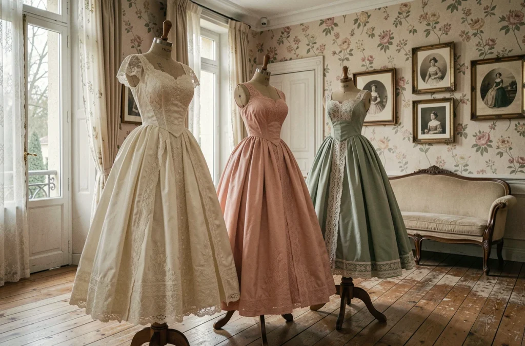 Robes de cérémonie vintage style XIXe siècle sur des mannequins anciens chez Voyage au 19ème Siècle